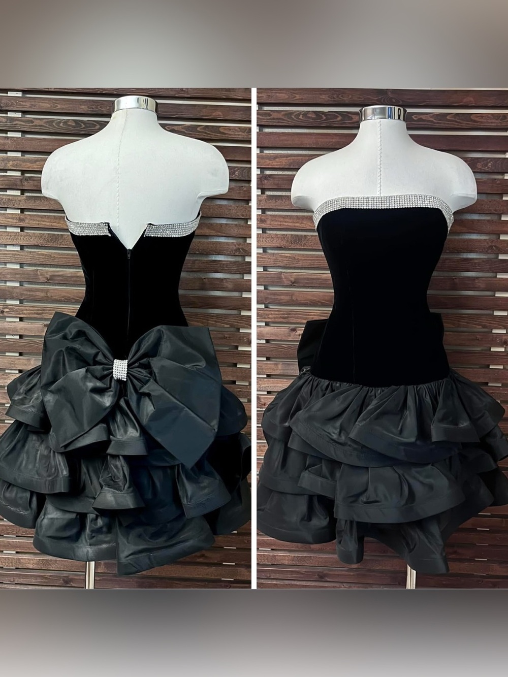Vintage 1980s 80s Black Velvet Strapless Rhinestone Ruffle Prom Dress w/ Big Bow